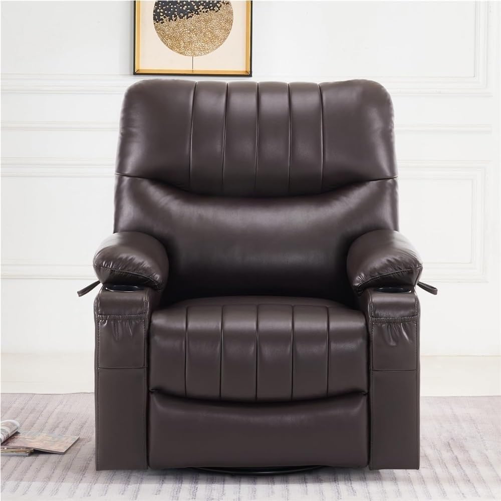 Dark Brown Electric Swivel Rocker Recliner Chair for Adults with Vibration and Heated Massage, Ergonomic Leather Lounge Sofa, USB Ports, Cup Holders, Modern Power Recliner for Living Room