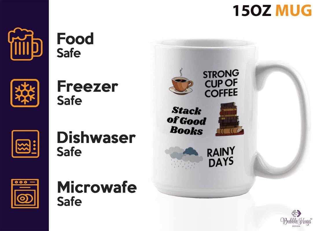 Reading Coffee Mug 15oz White - Coffee Book Rainy Days - Reader Gift Bookworm Owl Lover Cat Lover Book Lover Novelist Librarian Writer