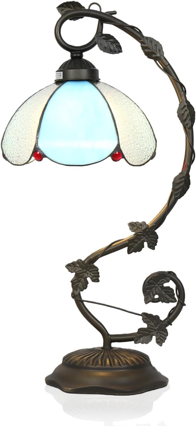 Tiffany Table Lamp, Blue and White Glass Shade with Metal Vine Base, 8x10x20 Inch