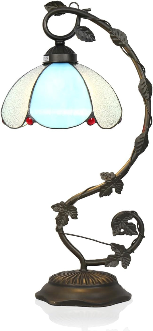 Tiffany Table Lamp, Blue and White Glass Shade with Metal Vine Base, 8x10x20 Inch