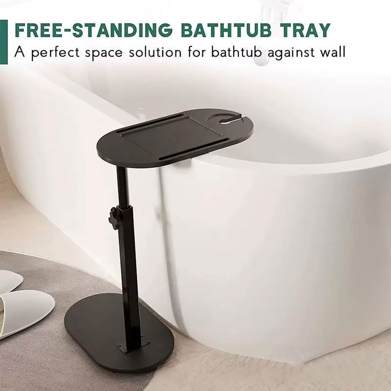 Bamboo Bathtub Tray Table with Adjustable Height,Freestanding Bath Caddy Side Table， Tub Shelf with Wine Glass Phone Holder, Suitable for Luxury Spa ，House Warming Gift and Bathing Reading（Black）