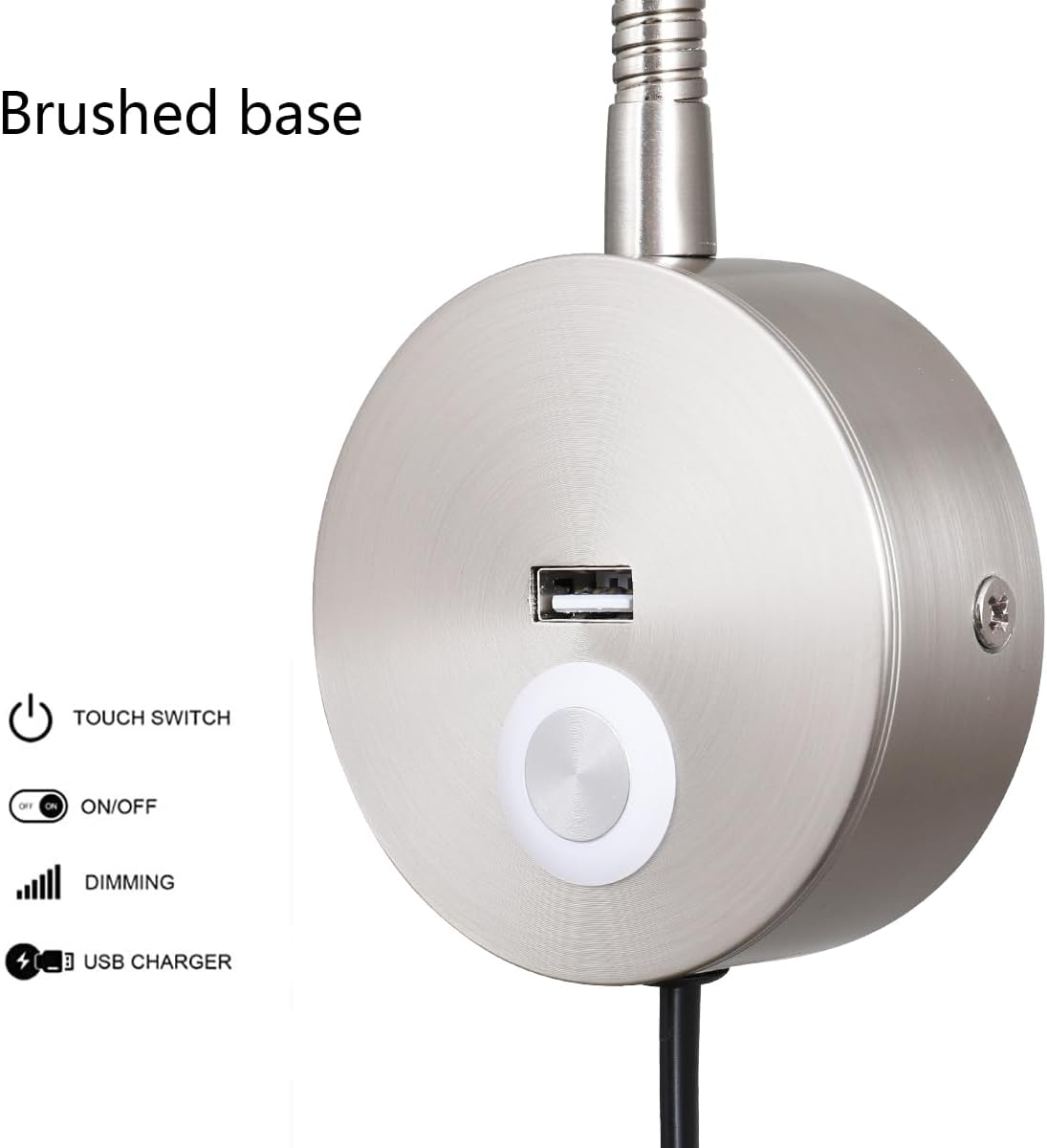 LED Bedside Touch Dimmable Wall Mounted Reading Light - Night Light With USB Flexible Gooseneck - Brushed Nickel