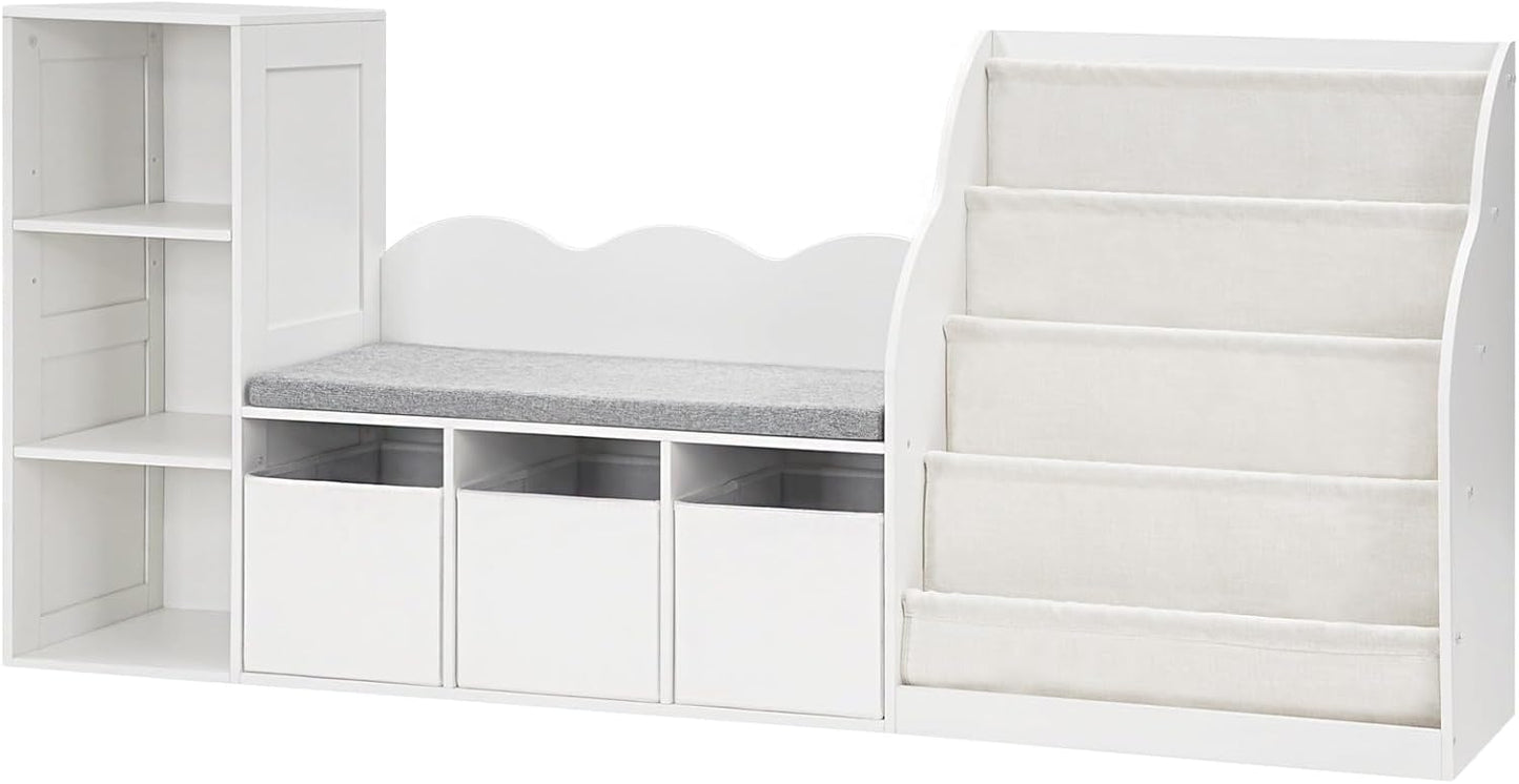 66.9" Kids Bookshelf with Reading Nook, 3-in-1 Kids Bookcase with Cushion and Sling Shelf, Toy Chest Storage with Fabric Drawers, Reading Nook for Kids, for Playroom, Nursery, White MCW08WB