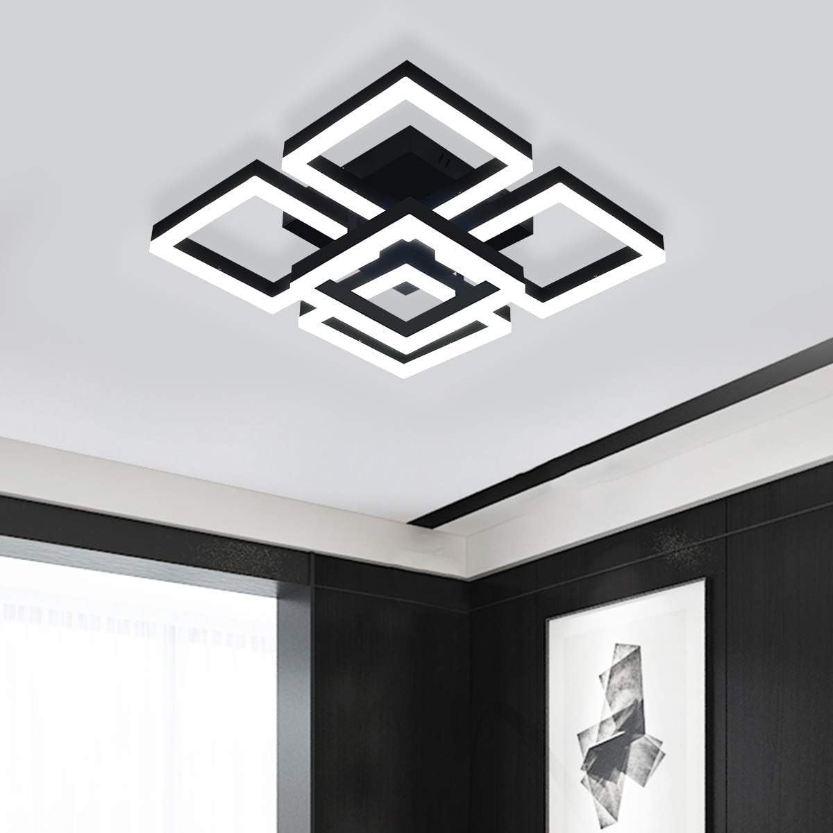 Garwarm Modern LED Ceiling Light, Black Flush Mount Light Fixtures,64W Ceiling Lamp for Living Room Bedroom Dining Room, 5 Square Metal Acrylic Surface Mount Chandelier Cool White 6000K