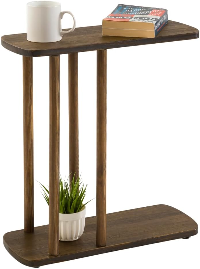 C-Shaped Solid Wood End Table, Side Table for Couches, Sofa Tables Slide Under Couch for Living Room, Over Couch TV Tray Table for Small Spaces Style Wooden (Dark Walnut, Medium)