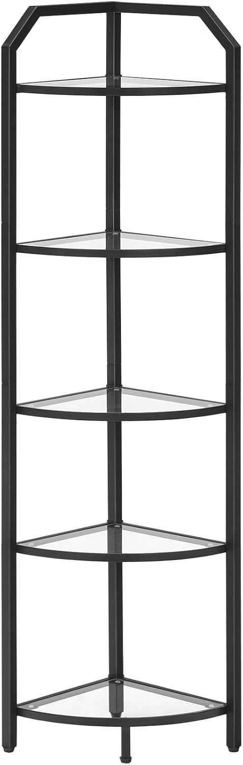 HOOBRO 5-Tier Corner Shelf Stand, Black Corner Bookshelf, Tempered Glass Shelves, Bathroom Organizer, Corner Plant Stand, for Living Room, Study, Balcony, Home Office, Modern Style, Black BK15CJ01