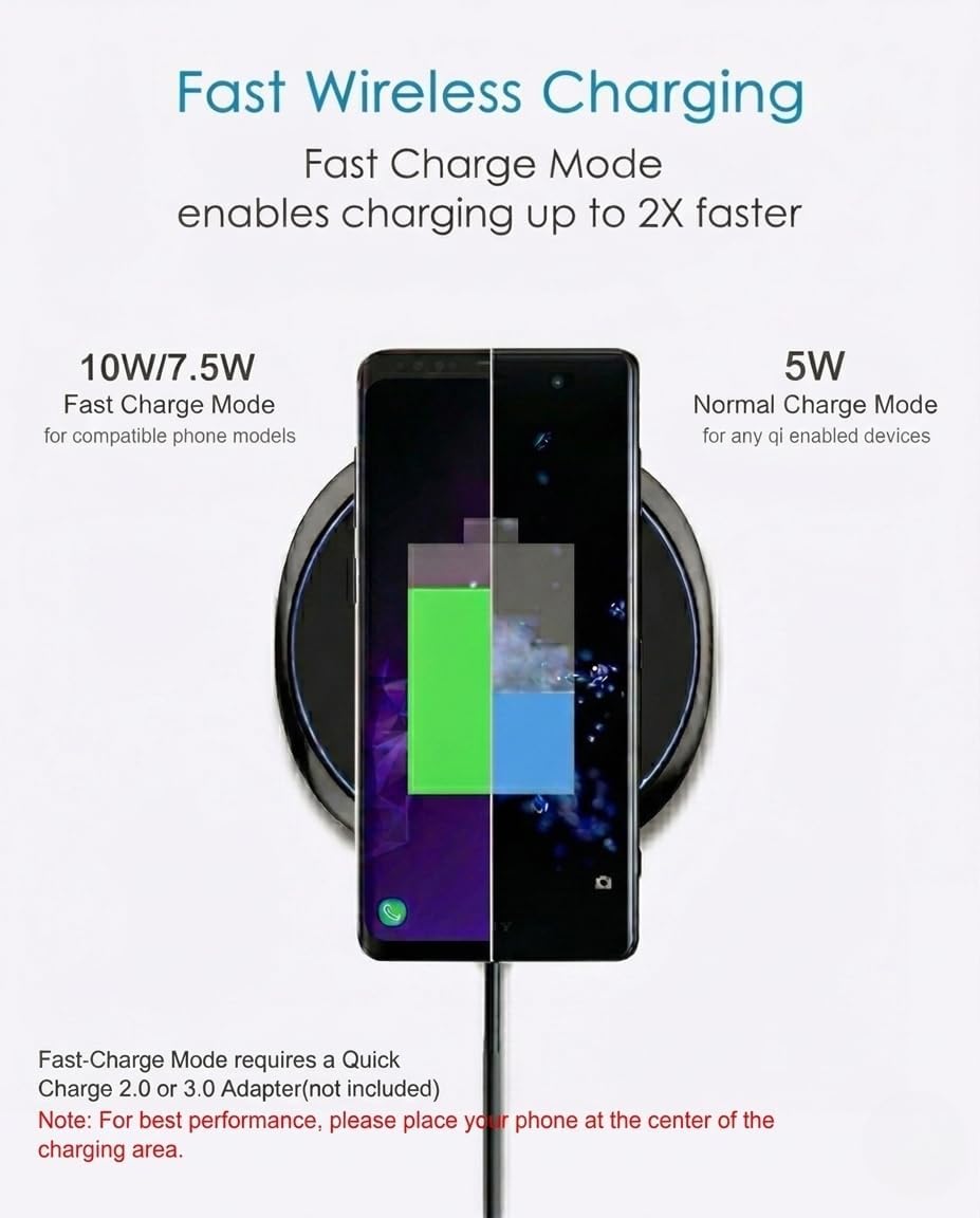 NANAMI 10W Max Wireless Charger Pad, Fast Charging Compatible with iPhone 17/16/15/14/13/12/11/SE Series, Samsung Galaxy S26/S25/S24/S23/S22/S21/S20, AirPods 2/3 - Adapter Required (Sold Separately)