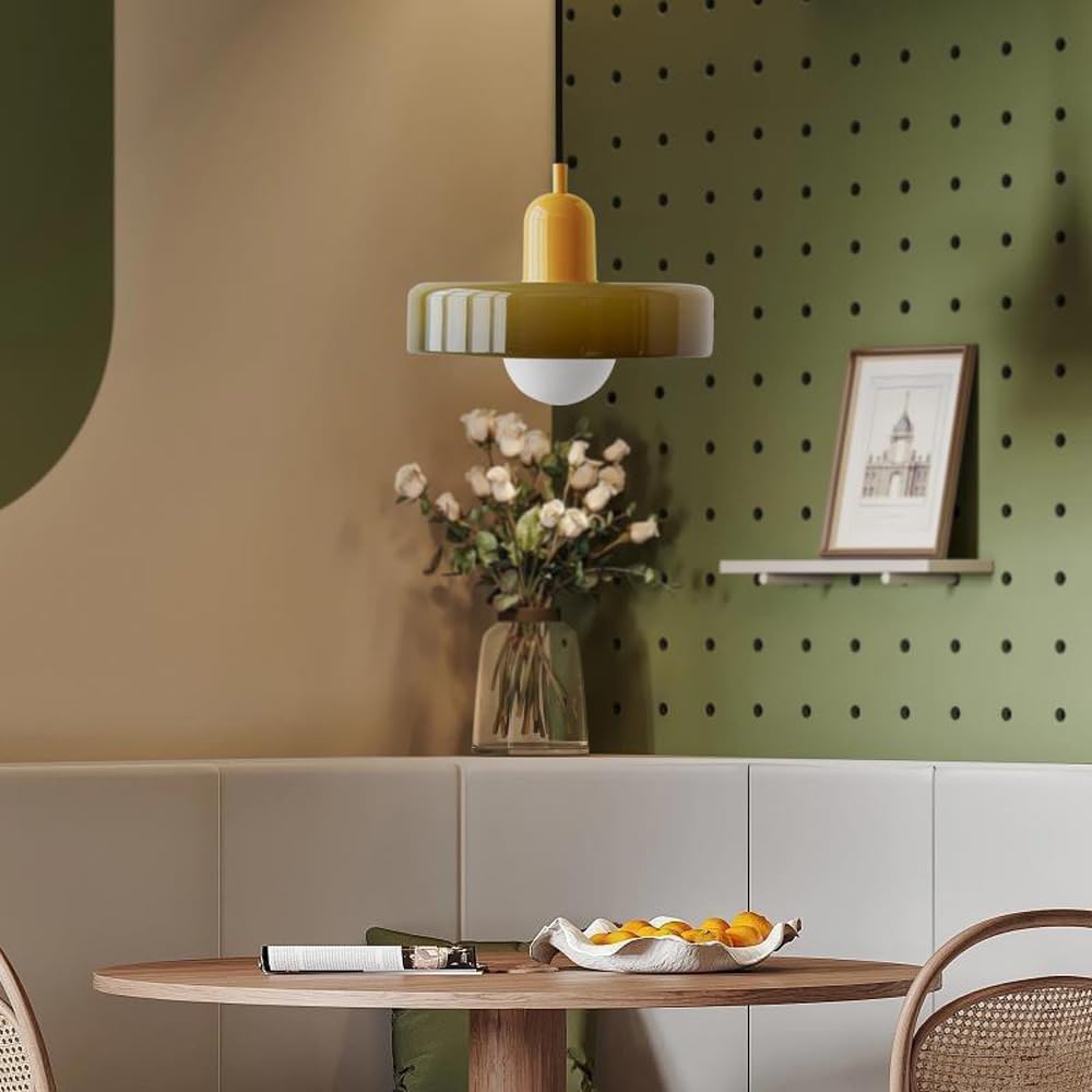 9.8" Nordic Mid Century Green Glass Pendant Hanging Light Modern Single Restaurant Lamp Vintage Farmhouse Ceiling Lamp Dining Room Chandelier for Over Table Kitchen Island Bedroom Hallway E26