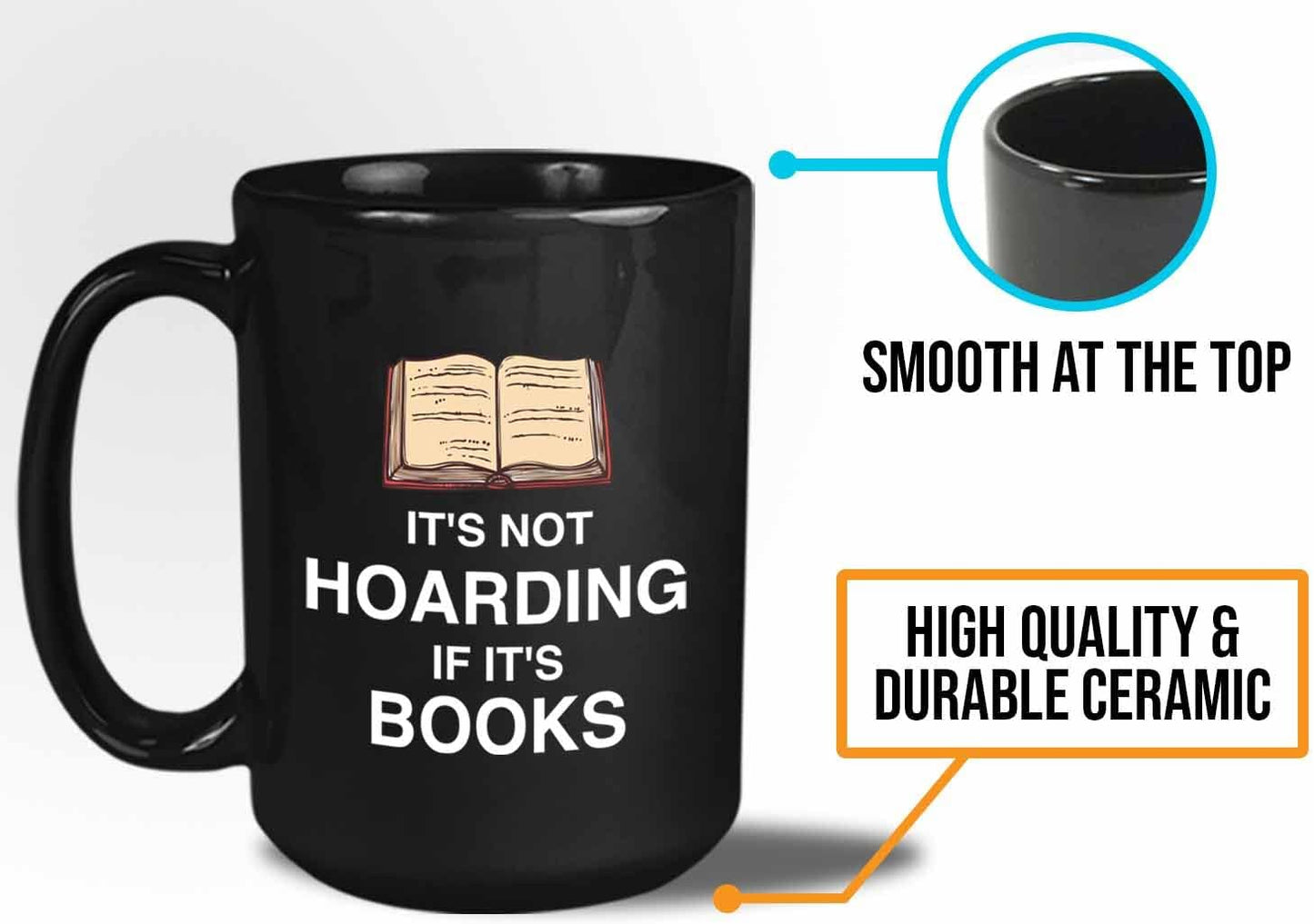 Bubble Hugs Book Lover Coffee Mug 15oz Black - it's not hoarding if it's books - Bookworm Reader Intelectual Literatur Savant Librarian Writer