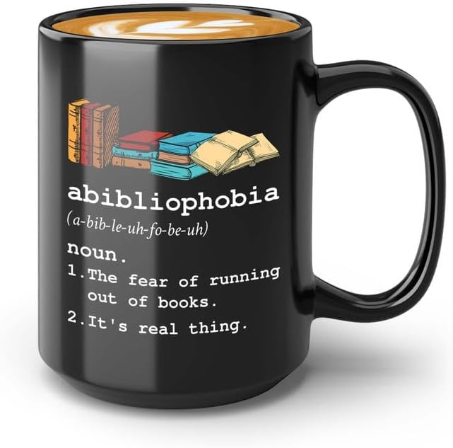 Reading Coffee Mug 15oz Black - Abibliophobia Definition - Reader Gift Bookworm Owl Lover Cat Lover Book Lover Novelist Librarian Writer