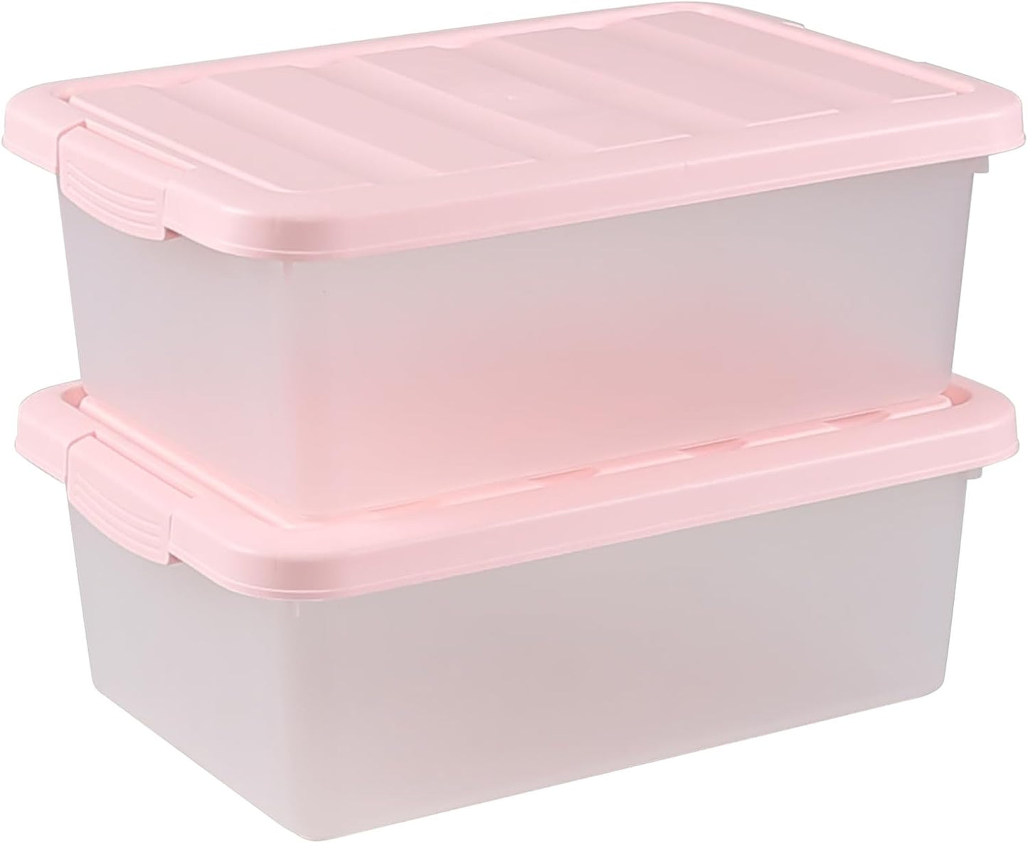 14 Quart Plastic Latching Storage Bin, Frosted Clear Storage Box with Pink Lid, 2 Pack