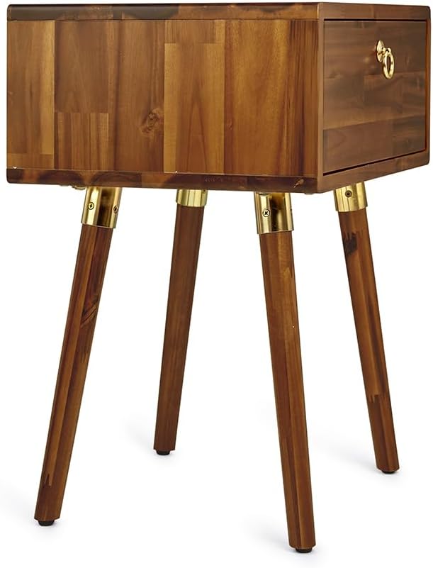 Bme Caden Solid Wood Nightstand/Side Table/End Table, Fully Assembled, with 1-Drawer for Mid Century Bedroom and Living Room, Caramel