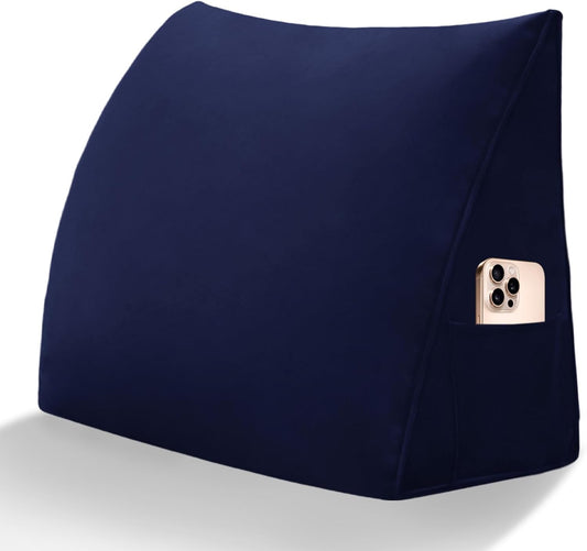 Wedge Headboard Pillow Reading Backrest Pillows for Sitting in Bed Sofa Dorm with Removable Cover Side Pockets Dutch Velvet Fabric Dark Blue