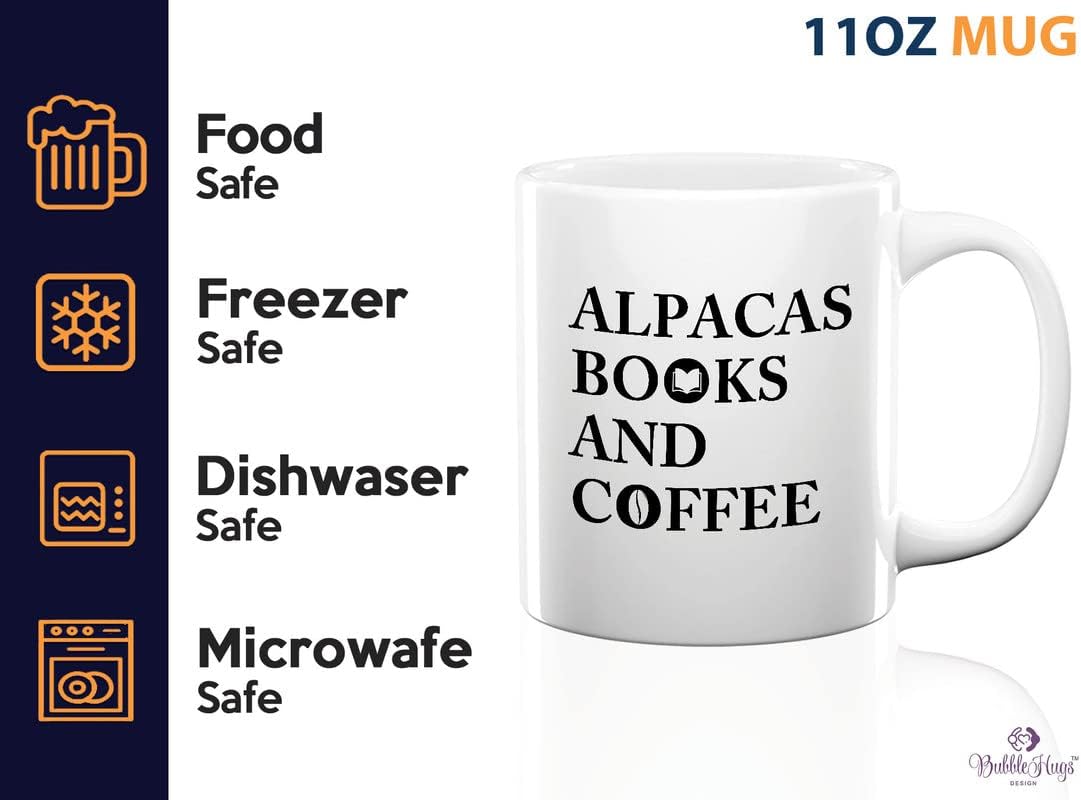 Book Lovers Coffee Mug 11oz White - Alpacas Books And Coffee - Animal Lovers Caffeine Addict Bookworm Readers Novel Camelid Mammal Llamas