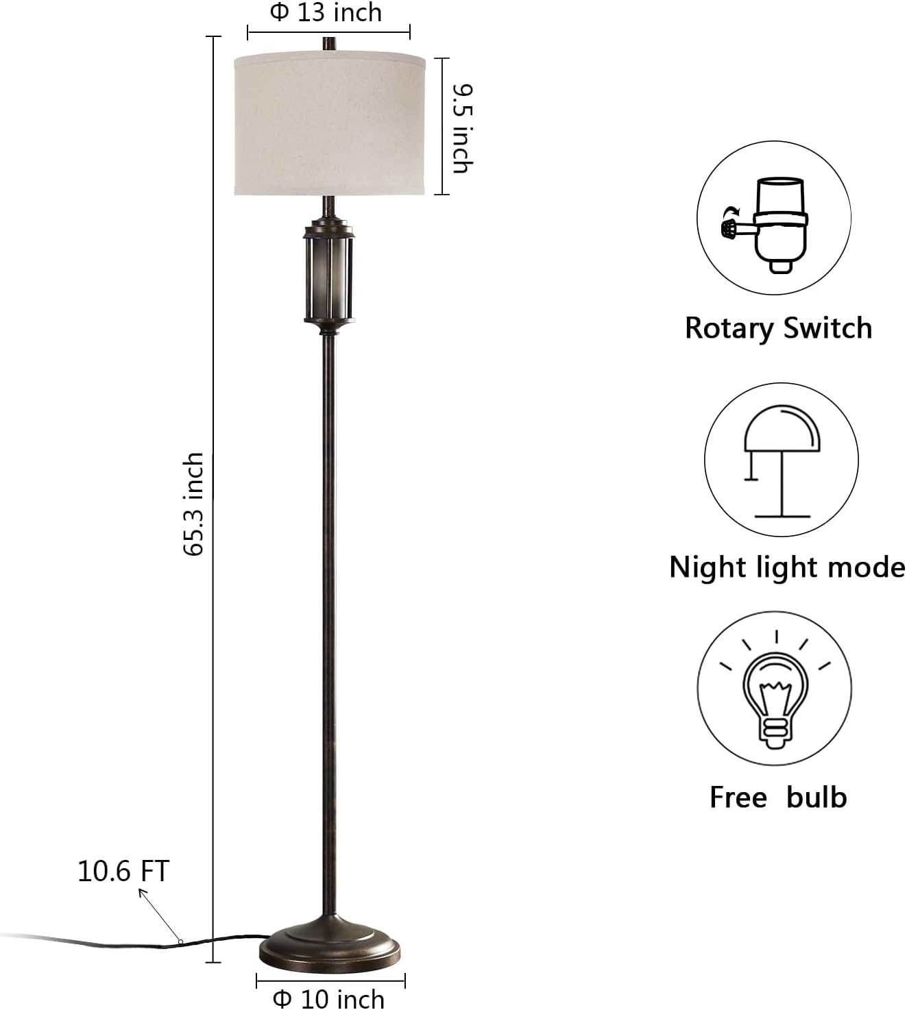 65'' Farmhouse Floor Lamp for Living Room with 2 Light Sources, Vintage Tall Standing Lamp with Frosted Acrylic Nightlight, Rustic Floor Light for Bedroom Office Corner, Bulbs Included