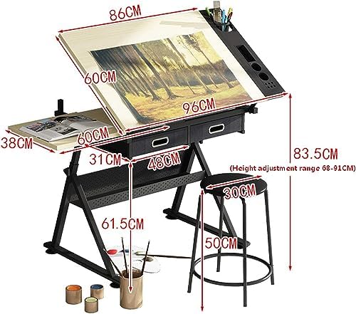 Drawing Tilting Tablet,Drafting Desk Wooden Drawing Table, Height Adjustable, Tiltable Tabletop 0°-80°, Art Craft Work Station, with 2 Storage Drawer