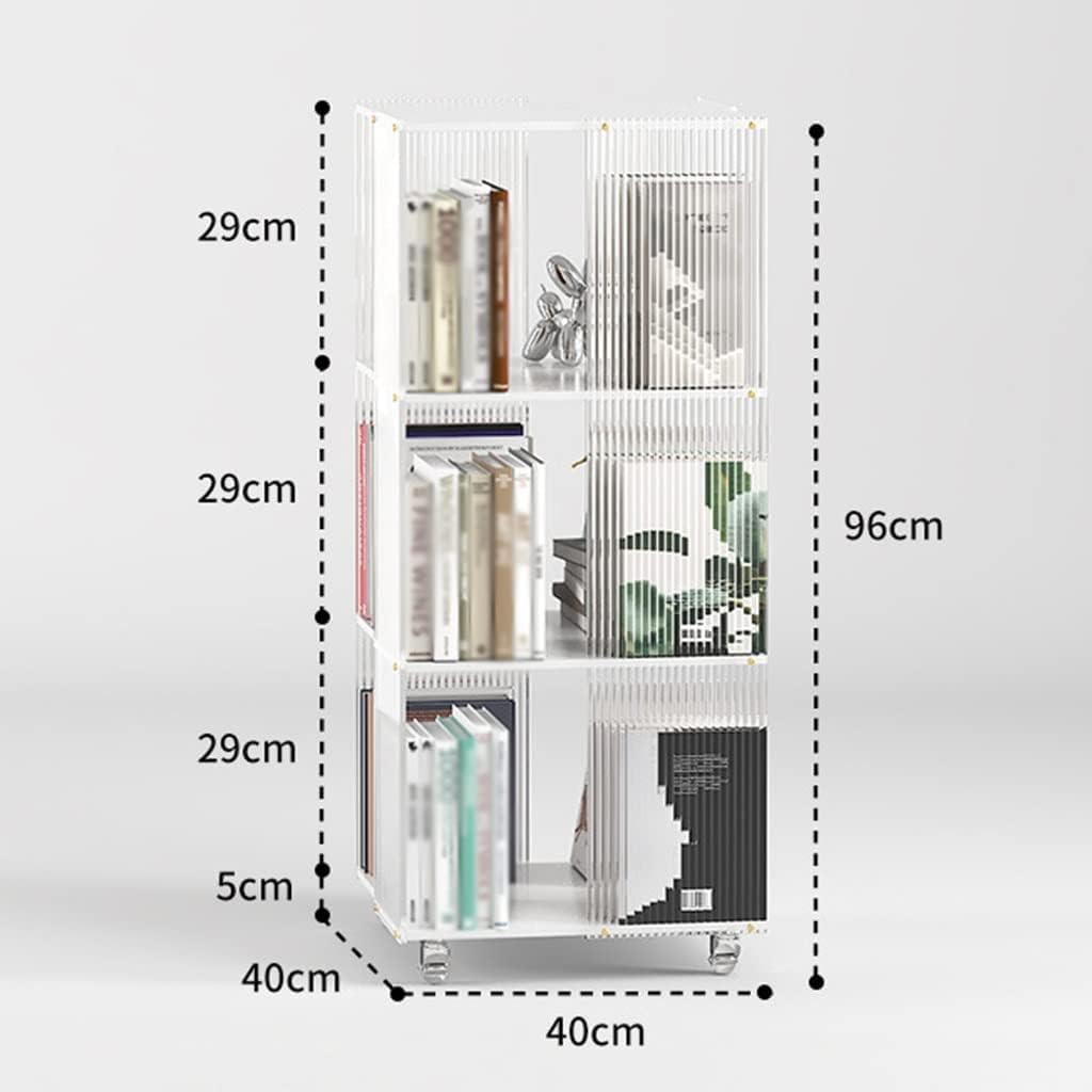 360° Rotating Bookshelf W/Wheels Clear Acrylic Narrow Bookcase Movable Modern Book Storage Organizer for Living Room Bedroom Display Shelf ()