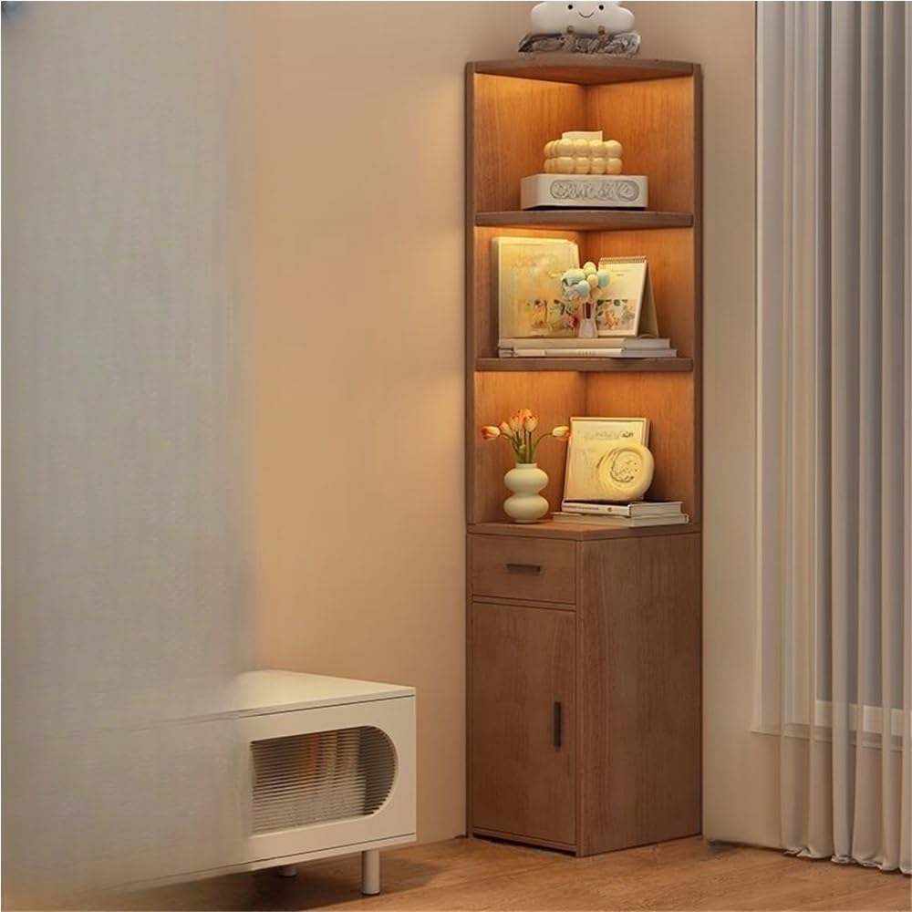 Bookcase, Curved Profile Rack, Display Cabinet with Doors, Wooden Book Shelf with Storage Drawers, Modern Corner Shelf for Living Room, Bedroom, Study(Brown,11.8x11.8x70.9in)