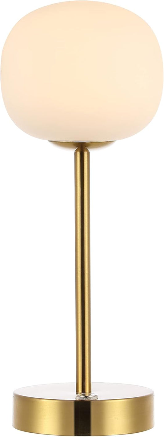 JONATHAN Y 12.25" Brass Gold/White Rechargeable Table Lamp, Modern Cordless LED Nightstand Lamp, White Glass Shade, Dimmable Portable Desk Lamp for Bedroom Living Room Dining (JYL7108C)