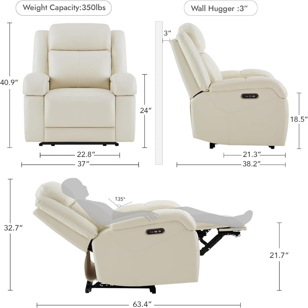 Leather Power Recliner Chair for Adults, Modern Electric Recliner Sofa with Power Headrest and USB Charging Ports, Comfortable Home Theater Recliner Chair for Living Room