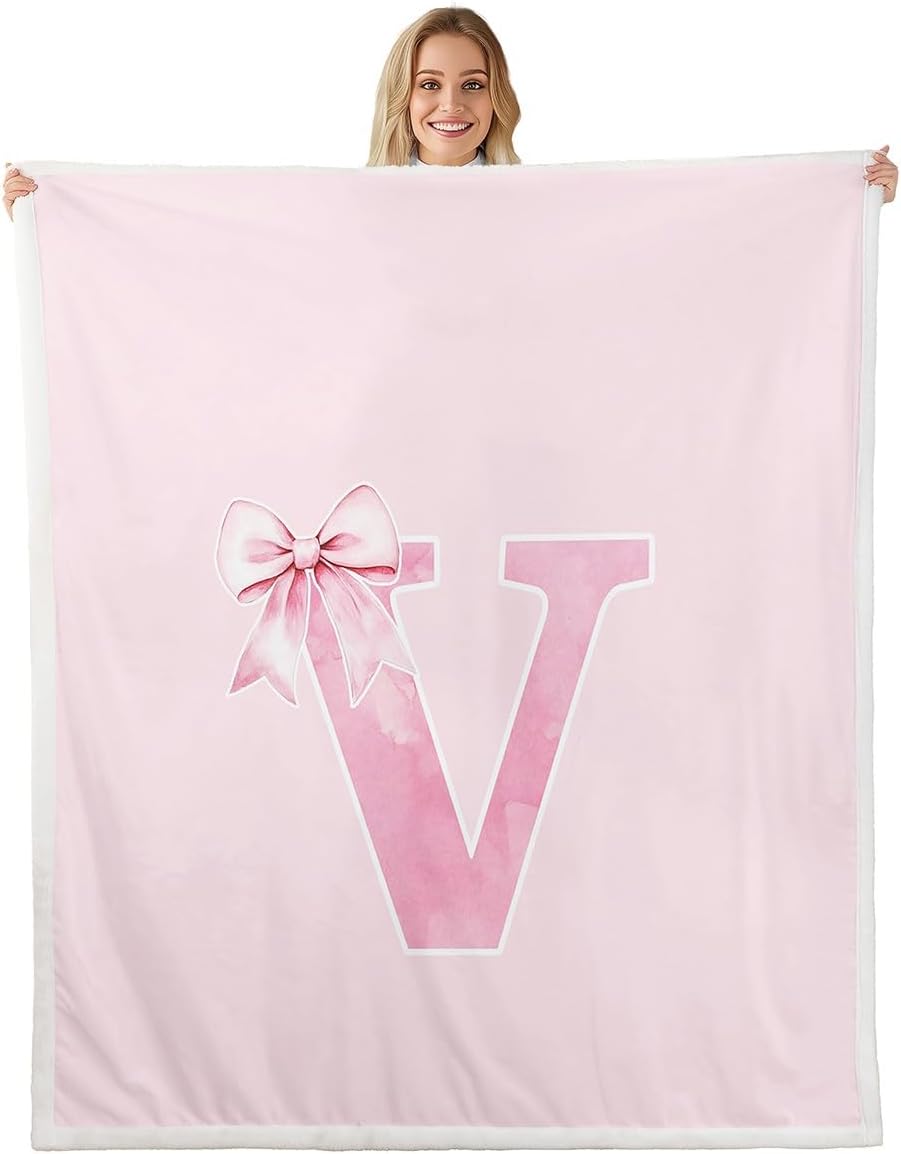 Erosebridal Monogrammed Bows Blanket Throw 50x60 for Girls,Coquette Trendy Initial V Plush Blanket Gifts for Women Daughter,Girly Pink Bowknot Fleece Blankets,Initial Personalized Preppy Decor(V)