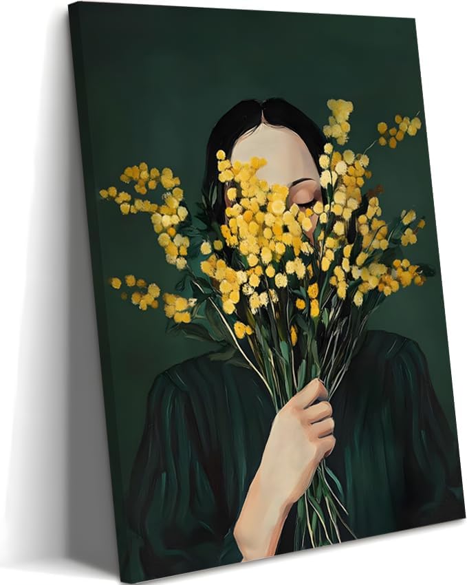 Green Abstract Woman Wall Art, Minimalist Figurative Oil Painting of Woman Holding Yellow Mimosa Flowers, Modern Boho Neutral Canvas Print for Living Room Bedroom Decor Framed 12x16in