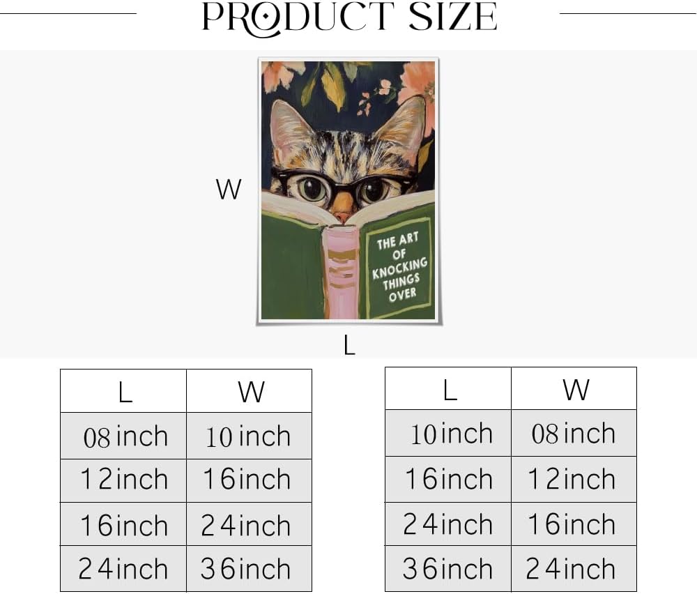 WLZWD Funny Cat Reading Book Wall Art Poster Retro Floral Aesthetic Reading nook office decor Green Pink Humorous Bathroom decor Prints for Bedroom Living Office Unframed8x10inch