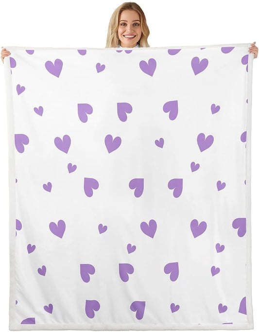 Feelyou Girls Women Purple Love Hearts Fleece Throw Blanket,Cute Heart Shaped Sherpa Blanket,Kawaii Love Hearts Plush Blanket,Valentine's Day Fuzzy Blanket for Sofa Bed Couch for Girls 60"x80"
