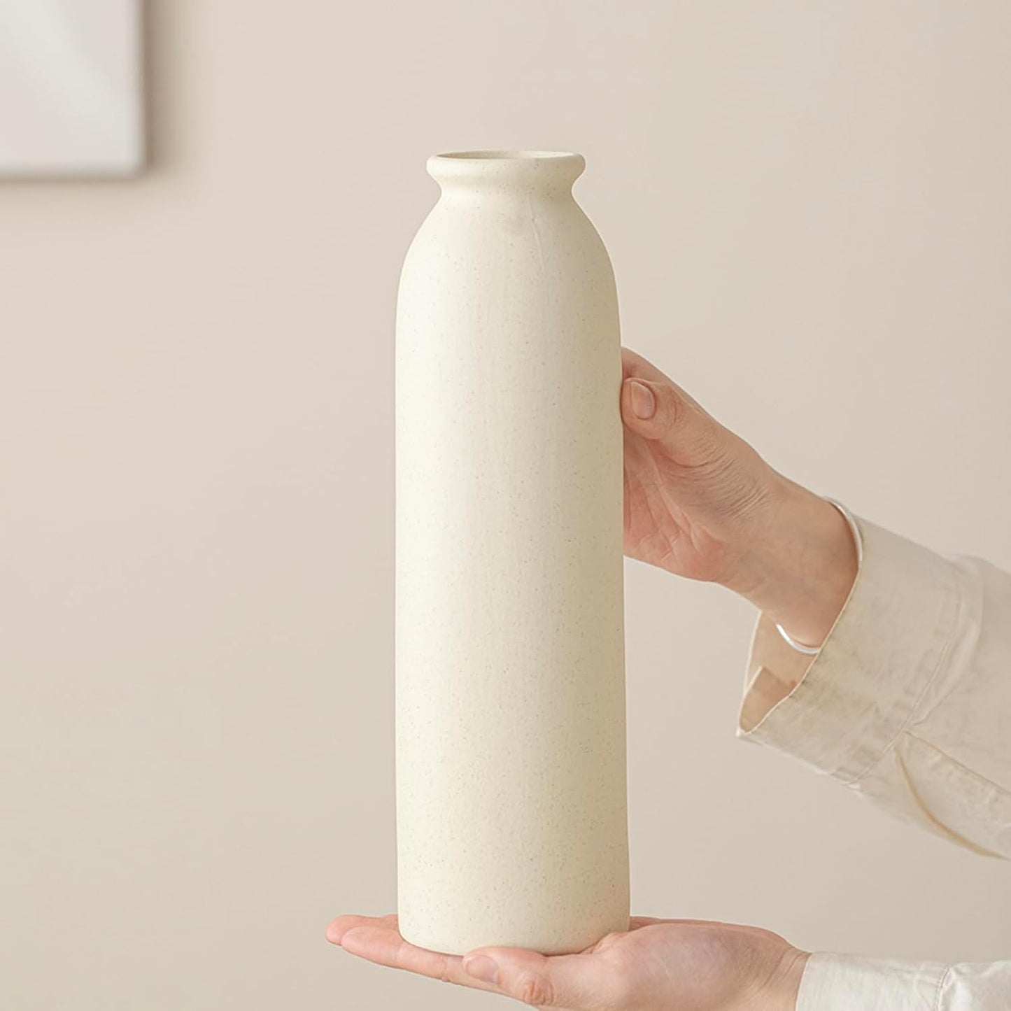 10.4 inches Tall Decorative Ceramic Vase Set, 3 Pieces, Nordic Modern Boho Style, White, for Home Decor (Beige)