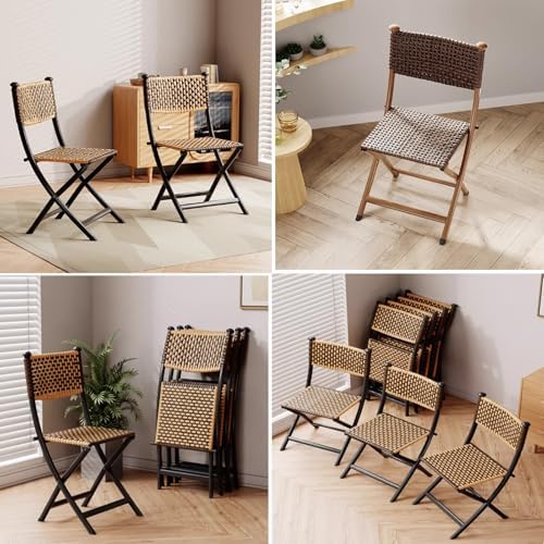 Mid-Century Vintage Folding Chair, PE Rattan Backrest Seat Sturdy Carbon Steel Frame Traditional Bohemian Classic Chairsscandinavian Office Chair No Assembly(Multi-Colored,33