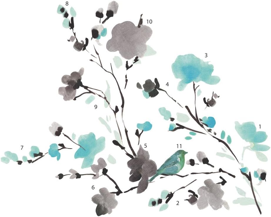 RoomMates RMK2687SCS Blossom Watercolor Bird Branch Peel and Stick Wall Decals, Multi Color