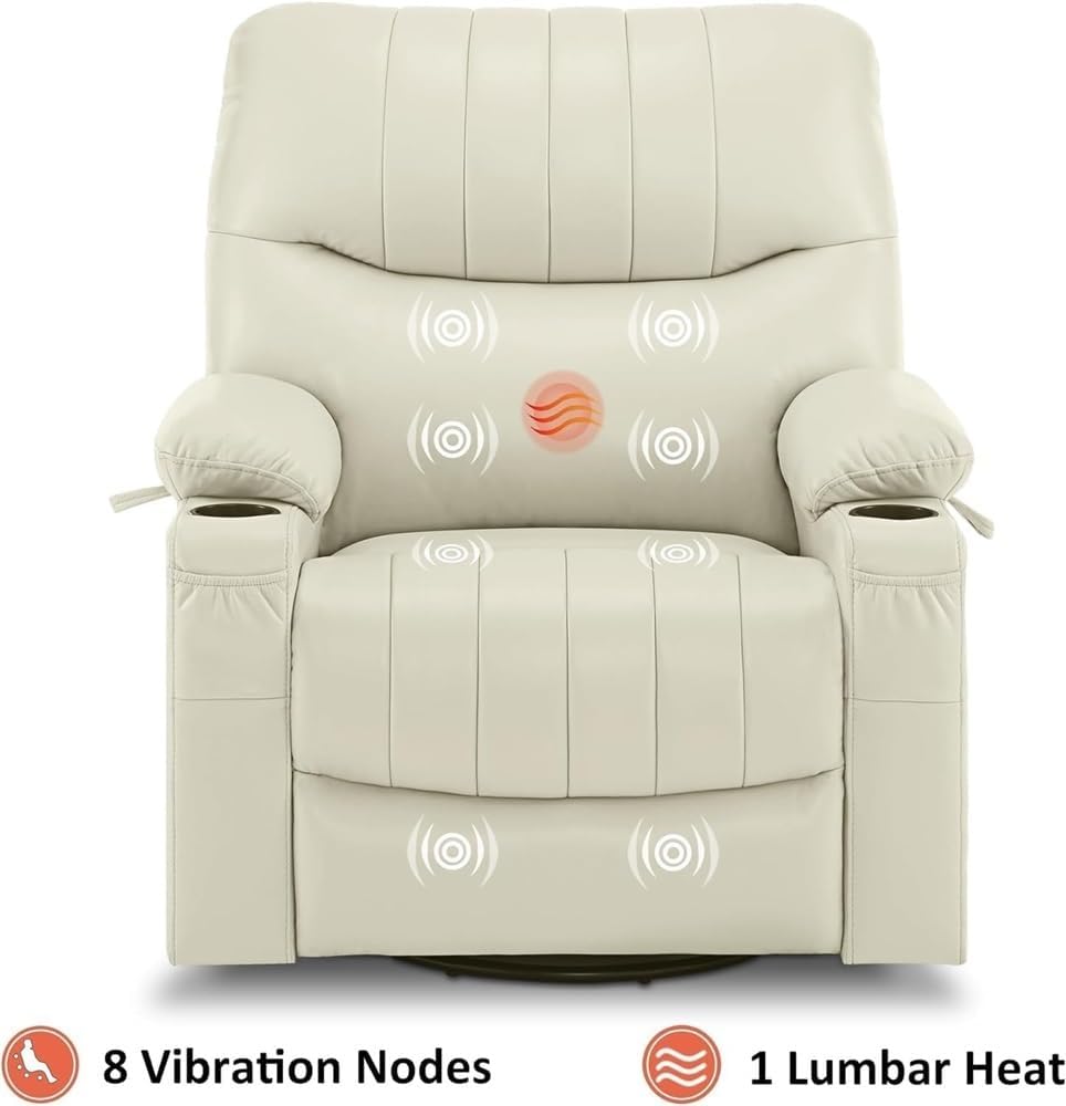 Power Swivel Glider Recliner with Heat & Vibration Massage – Oversized Electric Recliner Chair with USB Ports, Cup Holders, Side Storage Pockets, Large Comfort Sofa for Living Room