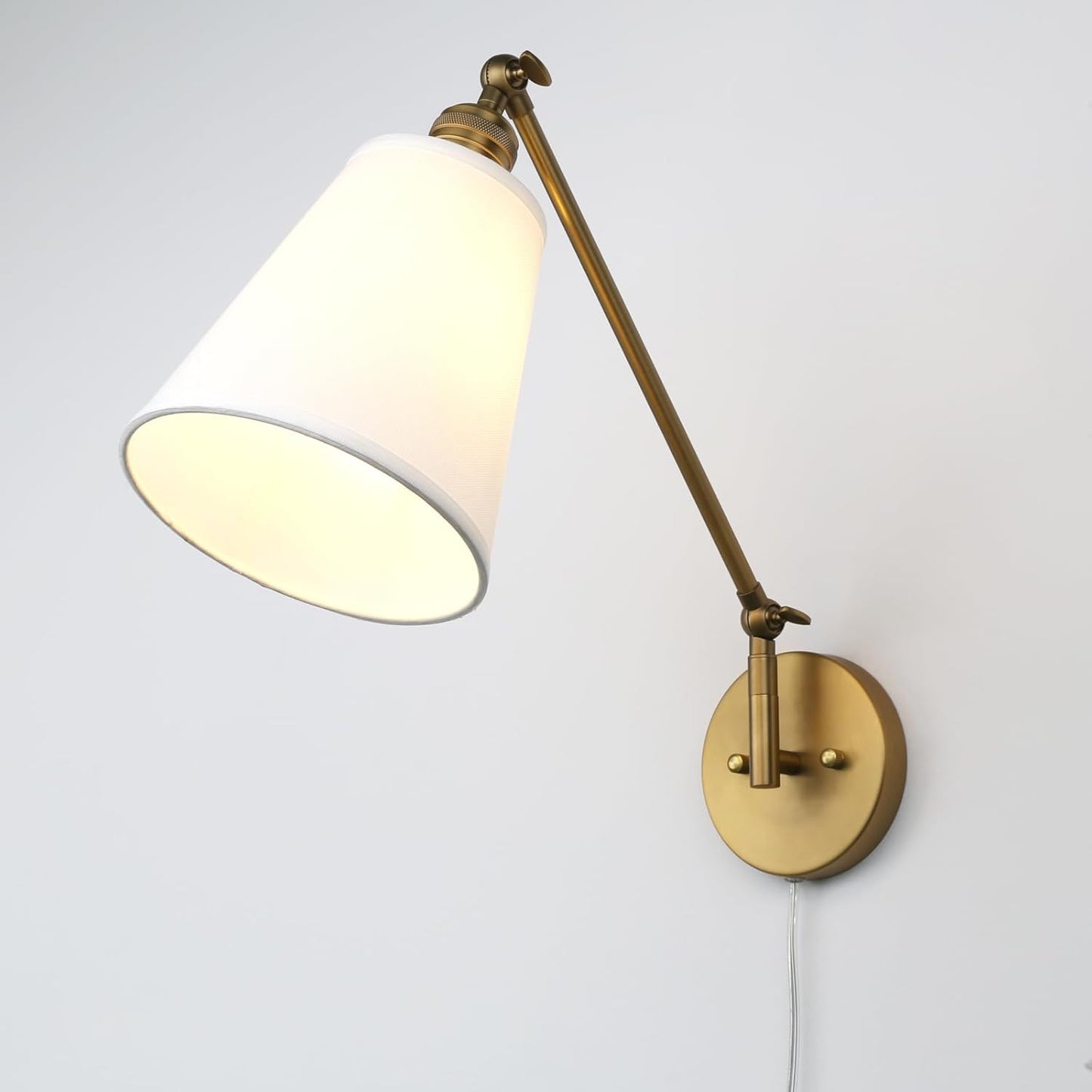 PERMO Retro Swing Arm Wall Sconce Plug in Wall Lamp Single Sconce Light Fixture with White Fabric Shade for Bedroom Living Room Home Office