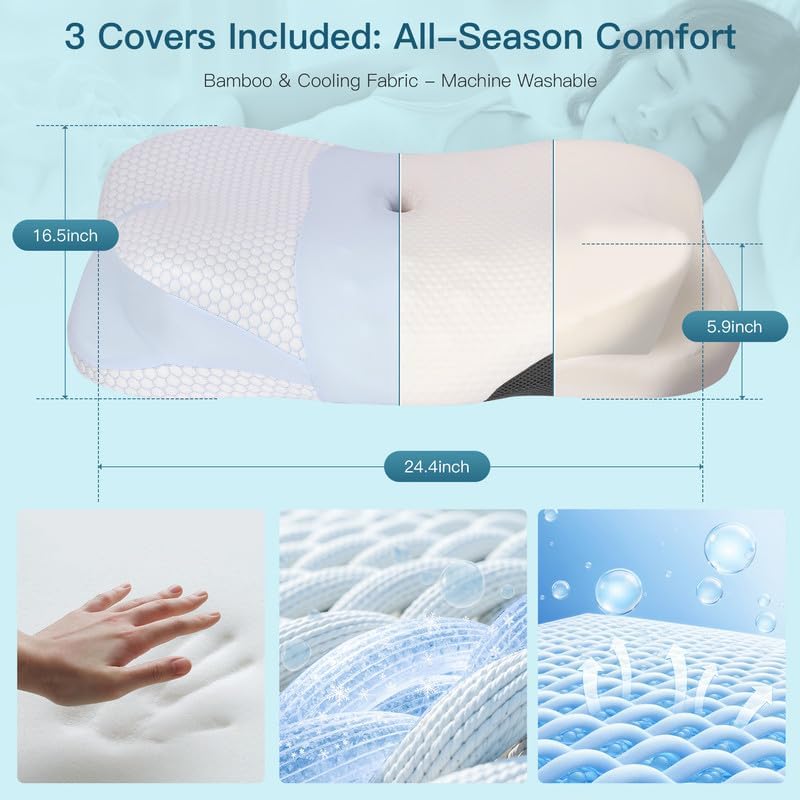 Cervical Neck Pillow for Pillows and Shoulder for Pain Relief Ergonomic Contour Pillow for Side Back Stomach Sleepers, Orthopedic Neck Support Pillow for Sleeping with Cooling and Daily Pillowcases