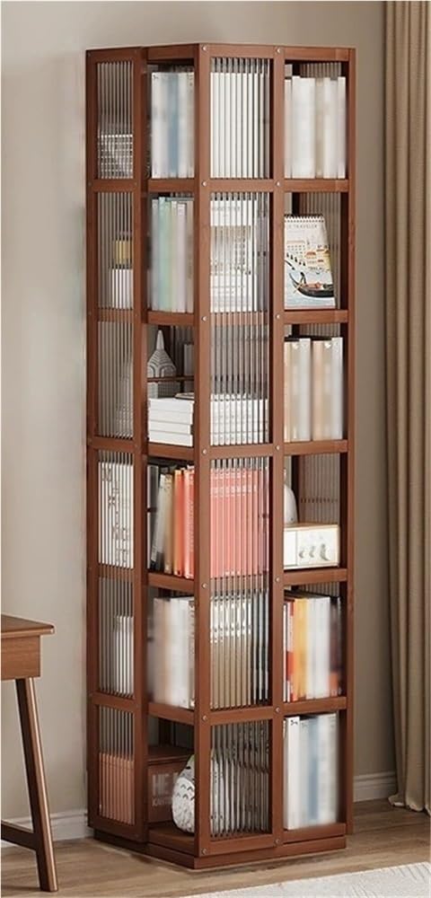 360° Rotating Floor Standing Bookshelf, Tall Open Design Revolving Bookcase with Acrylic, Space-Saving Display Shelf for Study or Living Room (Brown, 72x13.8x13.8in)