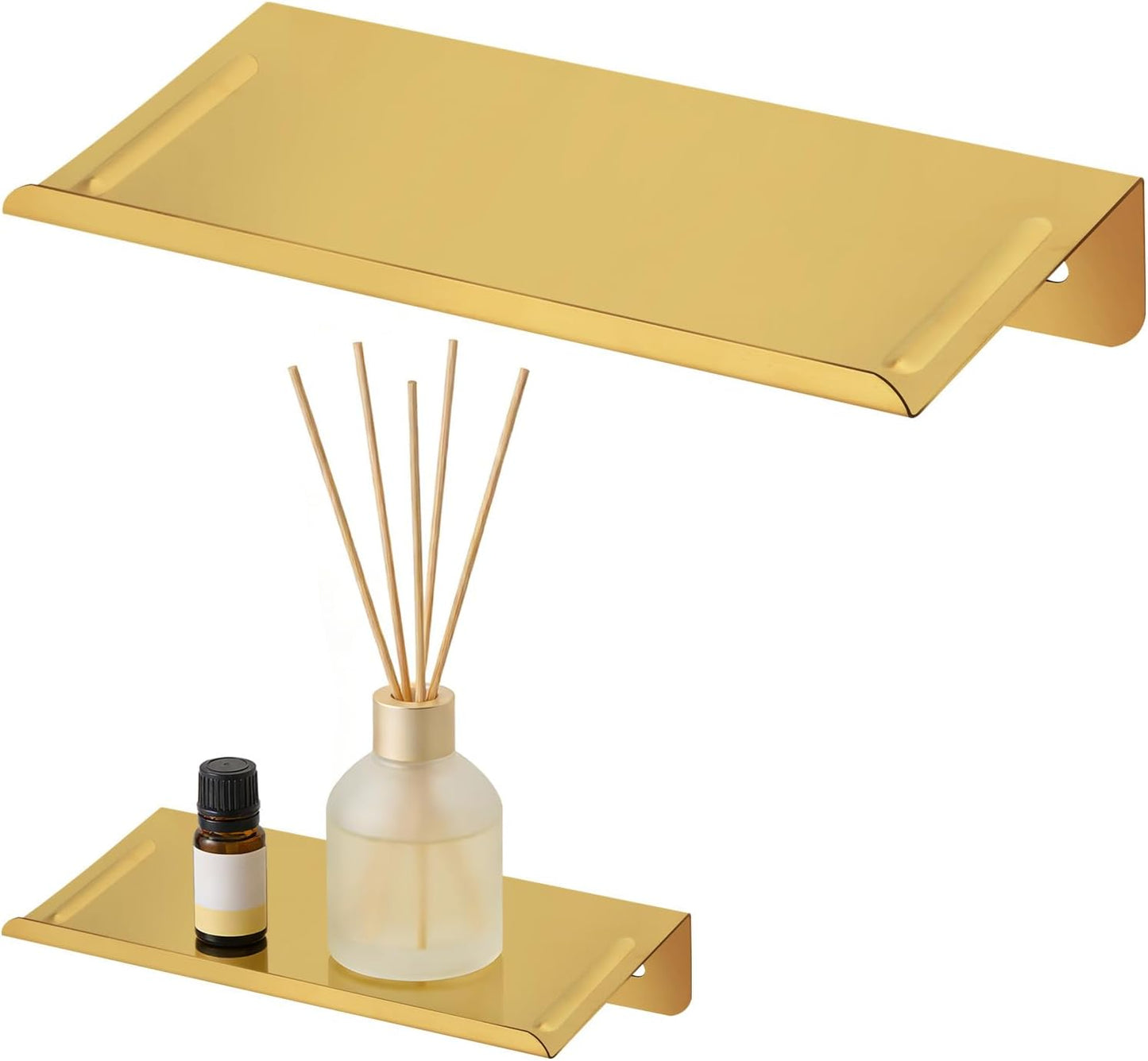 SMILECAT 7inch Small Floating Book Shelves for Wall Storage Set of 2.Wall Mounted Command Shelf for Bathroom,Bedroom,Living Room, Mini Tiny Display Hanging Shelves for Storage/Perfume/Room Decor.Gold