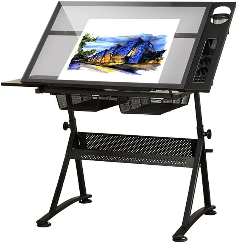 Drawing Tilting Tablet,Folding Art Desk/Drafting/Drawing Table/Craft Desk with Adjustable Height 74-93Cm, 2 Drawers and 0-80° Tiltable Tabletop, Tempered Glass