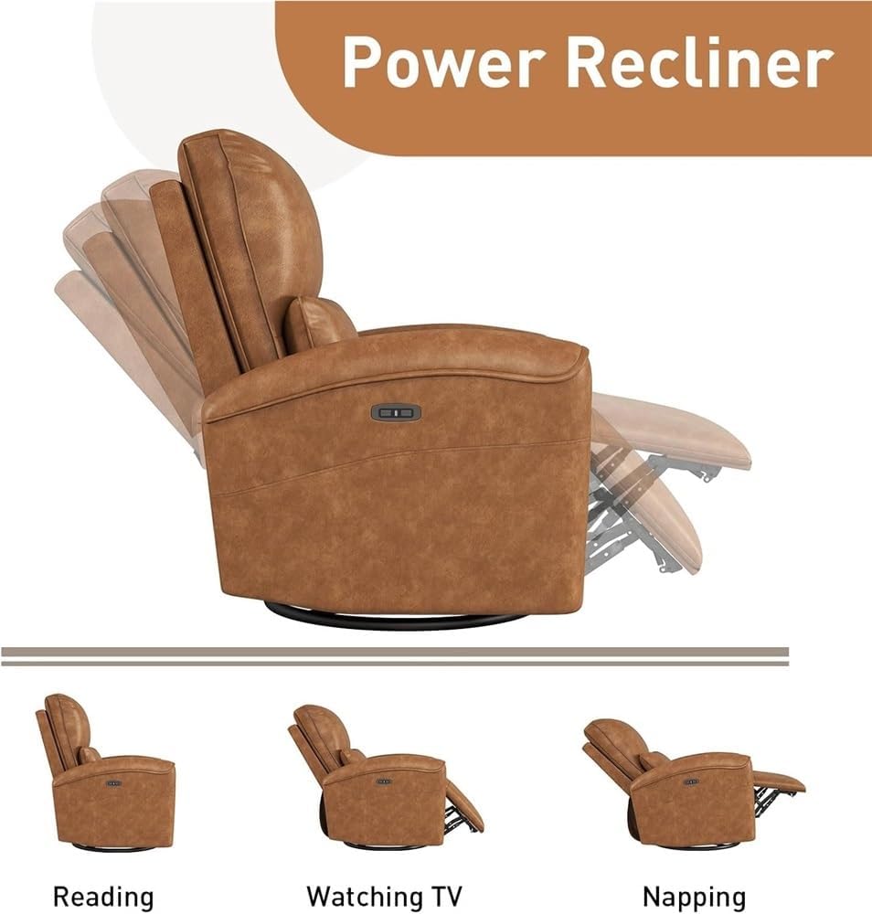 Power Swivel Rocker Recliner Chair, Oversized Electric Recliner Chair with Lumbar Support, Comfortable Glider Recliner Chair for Adults, Upholstered Reclining Sofa, Brown