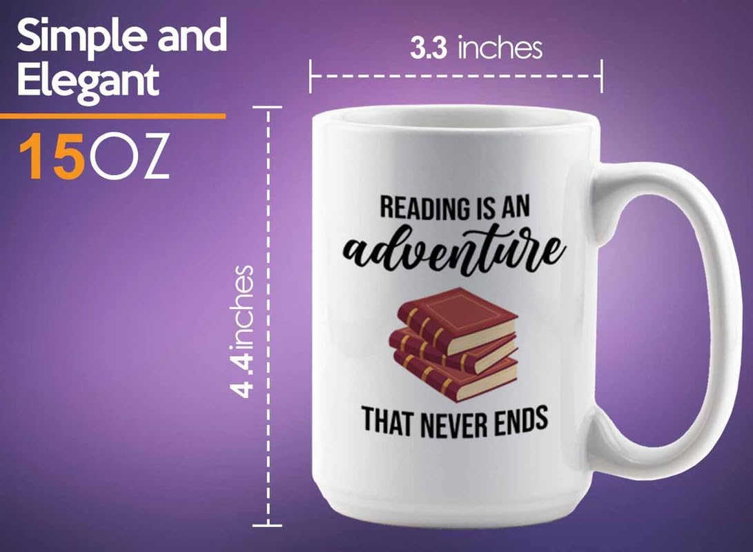 Bookish Coffee Mug 15oz White -Reading is an adventure - Novel enthusiast Book Club Librarian Book Lover Writer Reader Bibliophile