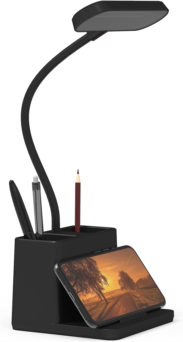 AXX Black LED Desk Lamp for Home Office Bedroom, Battery Operated Table Light for Computer Desktop, Small, Cute, Dimmable, Rechargeable, Flexible Gooseneck, Pen Holder, Phone Mount, Touch Control