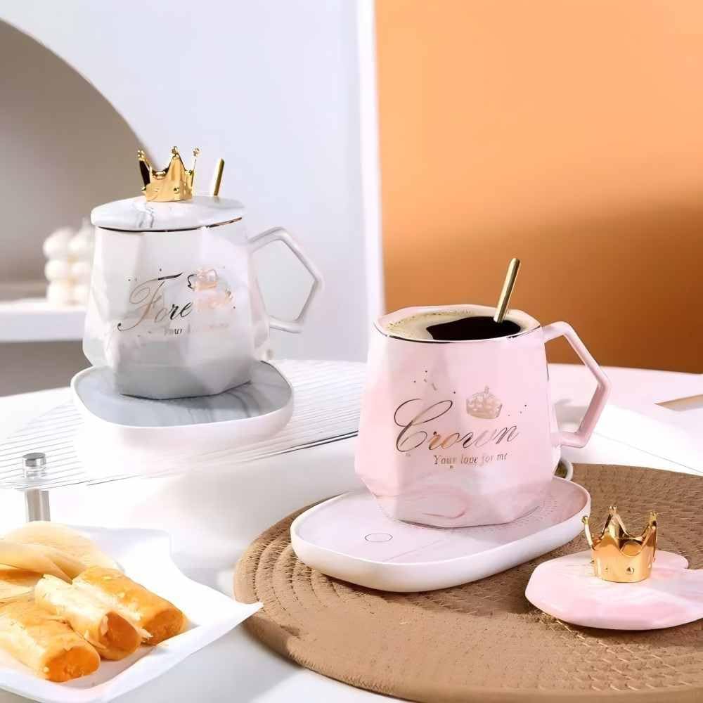 Coffee Mug Wamer, Beverage Warmer,Lovely ins Coffee Cup with Warmer Set, Auto On/Off Gravity-Induction Coffee Tea Water Milk Warmer with Mug for Office Home Use (Pink)