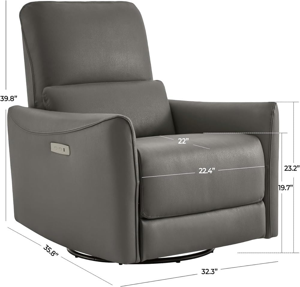 Electric Leather Power Swivel Glider Recliner with Lumbar Support & USB Charging, Modern Grey Upholstered Reclining Sofa Chair for Nursery, Living Room & Bedroom, Adjustable Ergonomic Comfort