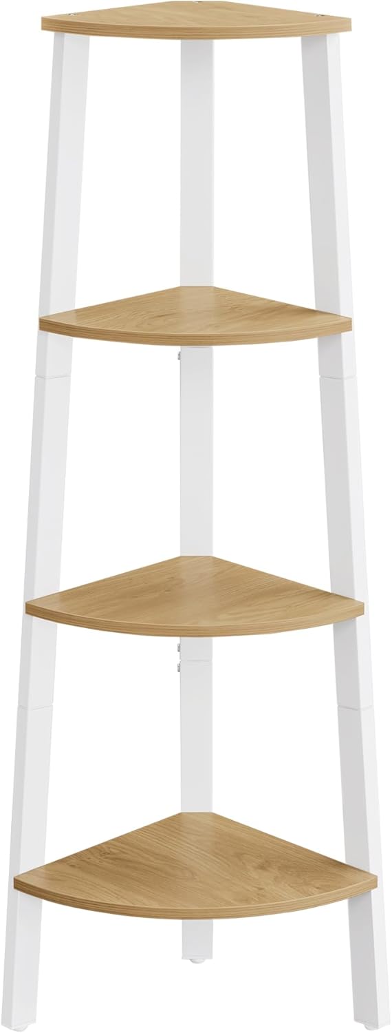 VASAGLE Corner Shelf Stand, 4-Tier Corner Bookshelf, Industrial Ladder Shelf, Plant Stand for Living Room, Office, Kitchen, Natural Oak and Matte White ULLS034Y70