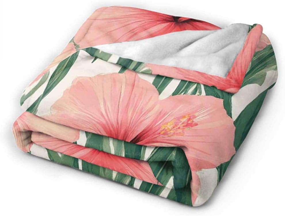Mugod Exotic Floral Throw Blanket Tropical Flower Pink Hibiscus Palm Leaves Dark Green Decorative Soft Warm Cozy Flannel Plush Throws Blankets for Baby Toddler Dog Cat 30 X 40 Inch