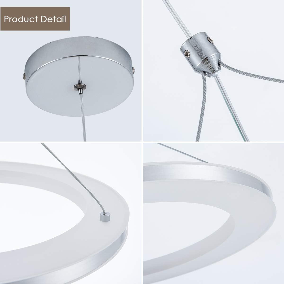 CHYING LED Pendant Lights Kitchen Island, 11.8" 15W Warm White Modern Ring Chandelier, Adjustable Height Silver Hanging Pendant Ceiling Light for Dining Room Bedroom Hallway Entryway, 3000K