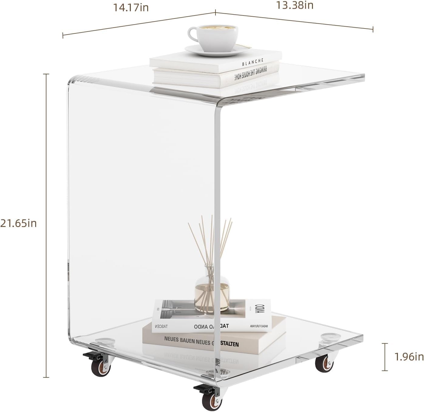 Modern Acrylic Side Table, C-Shaped Sofa Table Nightstand with Storage and Lockable Wheels for Living Room, Bedroom, Office, Bedside, Couch, 13.38" D x 14.17" W x 21.65" H