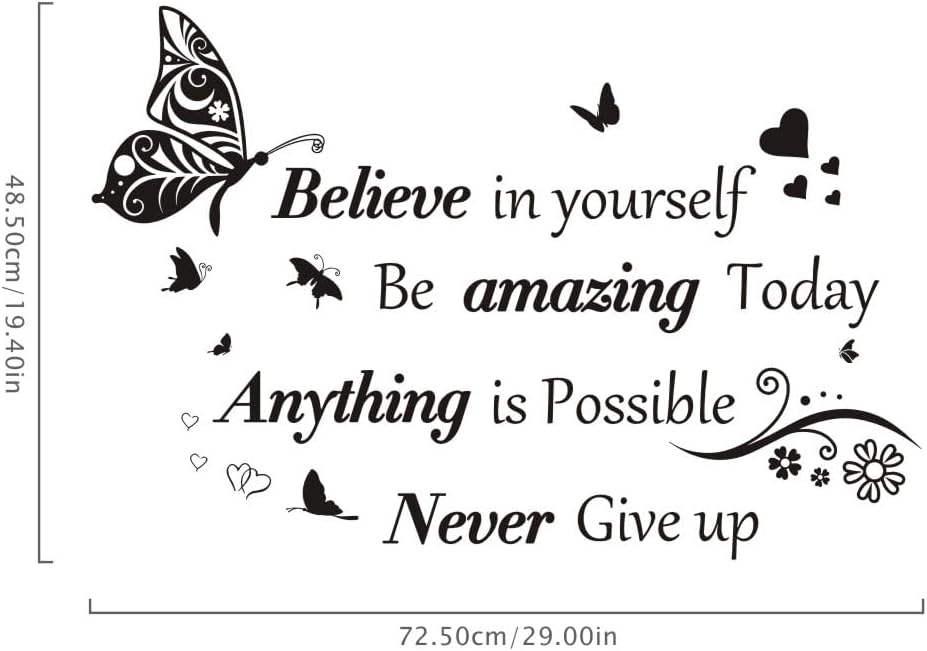 Inspirational Quotes Wall Decals Large Removable Motivational Saying Wall Stickers Positive Lettering Butterfly Sticker for Classroom Home Bedroom Family Office Wall Art Decor
