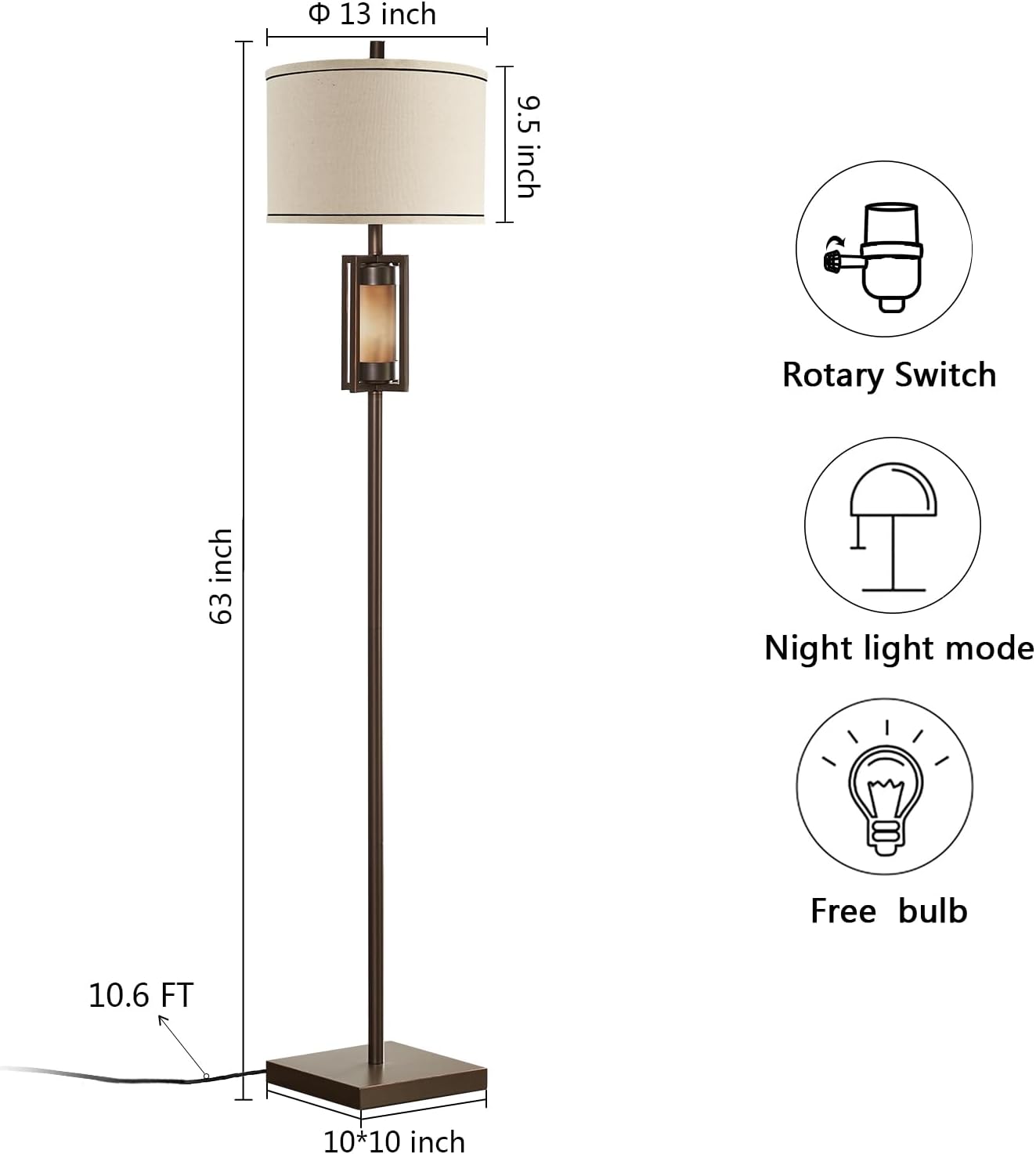 RORIANO 63'' Rustic Floor Lamp for Living Room with 2 Light Sources, Farmhouse Tall Standing Lamp with Amber NightLight, Vintage Lamp for Bedroom Reading Room Office, Bulbs Included (‎Brown)