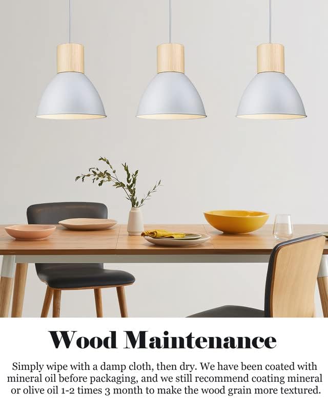 ELYONA Modern Pendant Light Fixtures, Wood Metal Hanging Lamp, Adjustable Height, 11.6" Nordic Island Pendant Lighting for Kitchen Sink, Bar, Office, Dining Room,Living Room, Bedroom, Soft Grey