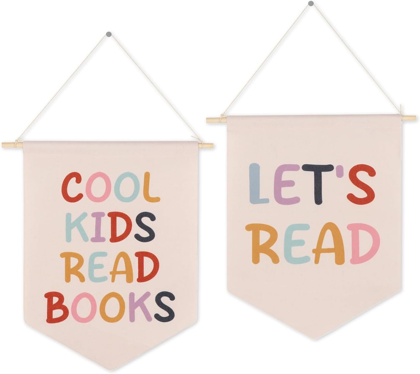 Cool Kids Read Books Hanging Banner-Kid Wall Decor, Let's Read Reading Corner Decor, Reading Nook Wall Art, 2 Pcs Boho Wooden Canvas Banner for Classroom Library Home Kids Room Nursery Preschool